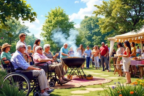 Das Bild ist eine Zeichnung, da&szlig; ein inklusives Sommerfest mit Rollstuhlfahrern, jungen und alten Menschen bei einem Grillfest zeigt. Alles sind fr&ouml;hlich und gelaunt. Die Veranstaltung findet auf einer gr&uuml;nen Wiese statt, eingerahmt von gr&uuml;nen B&auml;umen und einem leicht bedeckten, blauen Himmel. Ein Mann steht am Grill, w&auml;hrend in einem offenen Zelt Kaffe und Kuchen angeboten werden.