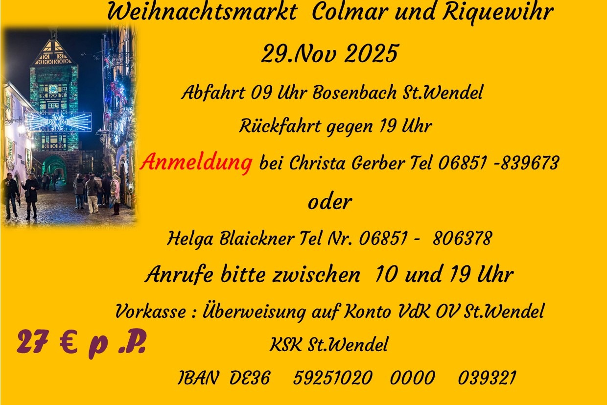Fahrt Weihnachtsmarkt Colmar Vortrag zum Thema Rente