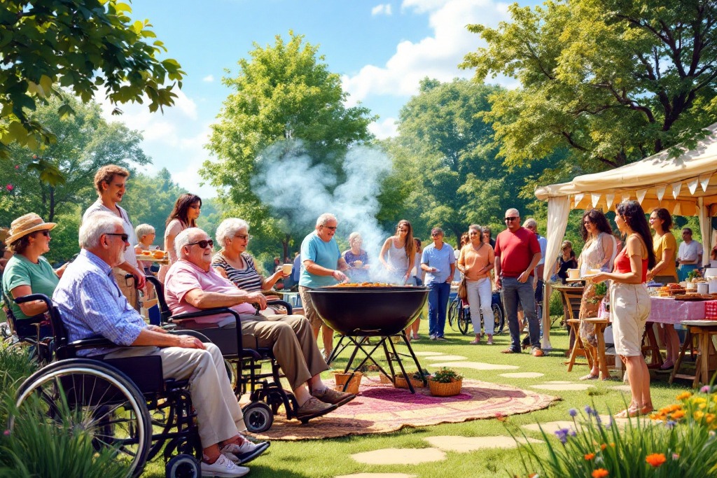Das Bild ist eine Zeichnung, da&szlig; ein inklusives Sommerfest mit Rollstuhlfahrern, jungen und alten Menschen bei einem Grillfest zeigt. Alles sind fr&ouml;hlich und gelaunt. Die Veranstaltung findet auf einer gr&uuml;nen Wiese statt, eingerahmt von gr&uuml;nen B&auml;umen und einem leicht bedeckten, blauen Himmel. Ein Mann steht am Grill, w&auml;hrend in einem offenen Zelt Kaffe und Kuchen angeboten werden.